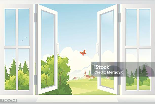 An Illustration Of Open Windows With A Scenic View Stock Illustration - Download Image Now - Window, Opening, Open