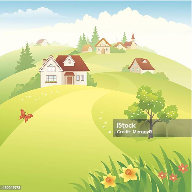 Ilustración de Village En Las Colinas y más Vectores Libres de Derechos de Aire libre - Aire libre, Aldea, Belleza de la naturaleza