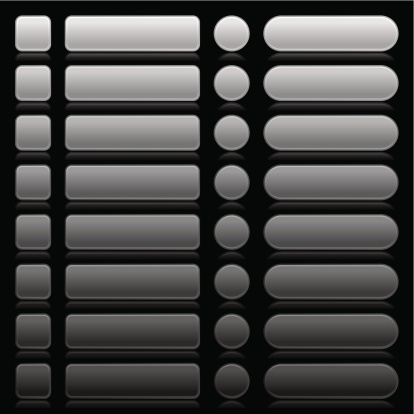 Blank color web internet button. Gray and black square, rectangle, circle and rounded rectangle empty icon shape with reflection on black background. 