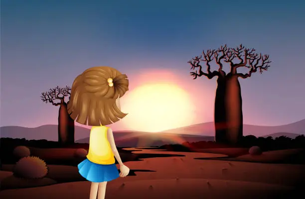 Vector illustration of young girl watching sunset at the desert