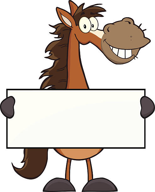 Horse Cartoon Mascot Character Holding A Banner vector art illustration