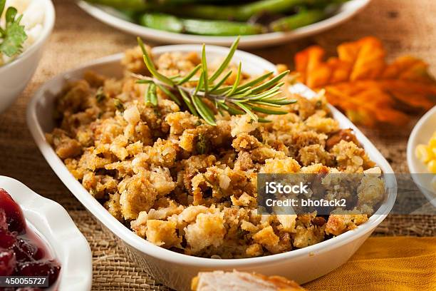 Homemade Thanksgiving Stuffing In A White Bowl Stock Photo - Download Image Now - Stuffing - Food, Stuffed, Thanksgiving - Holiday