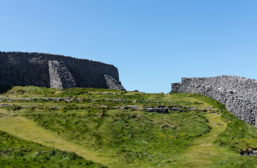 Dun Aonghasa or Dun Aengus is the most famous of several prehistoric forts on the Aran Islands of County Galway, Ireland. It is on Inishmore, at the edge of an 100 metre high cliff