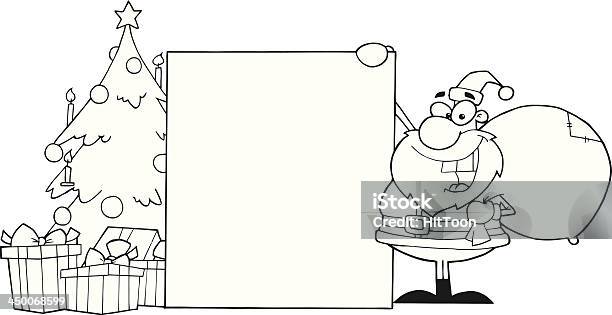 Black And White Santa Claus Presenting A Blank Sign Stock Illustration - Download Image Now