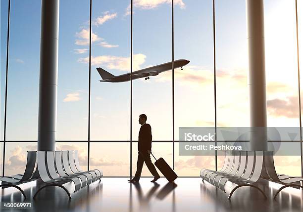 Ein Geschäftsmann Ziehen Gepäck Am Flughafen Stockfoto und mehr Bilder von Fenster - Fenster, Flughafen, Flugzeug