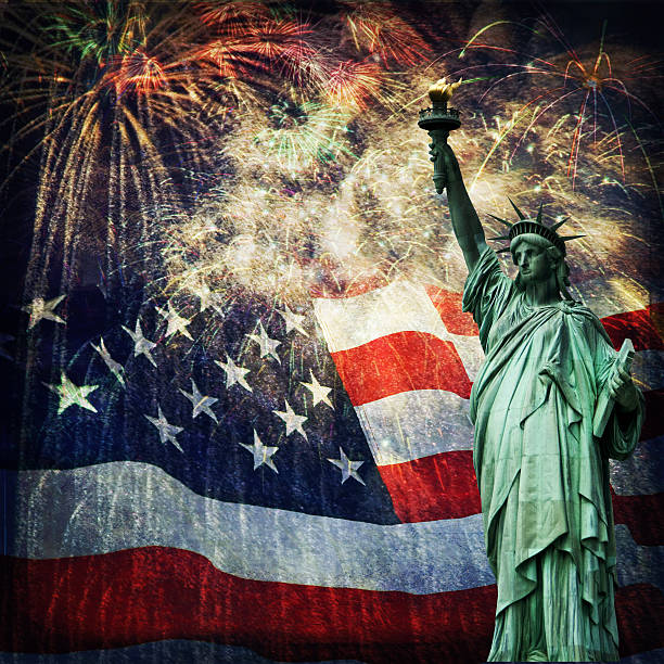 Statue of Liberty and  Fireworks stock photo