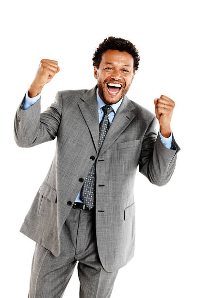 istock Mature businessman rejoicing success on white 450086491