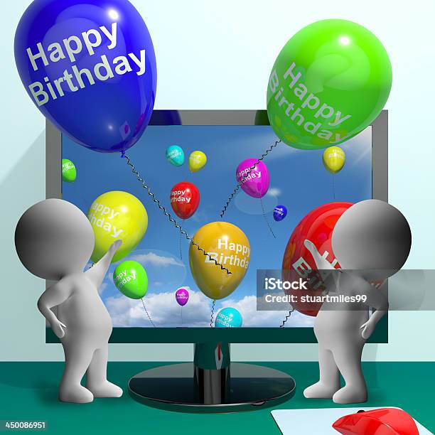 Balloons Greeting From Computer Celebrates Happy Birthday Stock Photo - Download Image Now