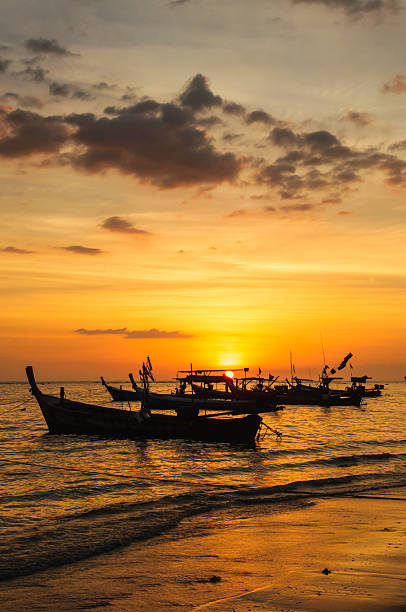 istock Silhouette boat at beach and sunset 450087099
