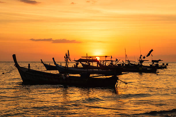 istock Silhouette boat at beach and sunset 450087131