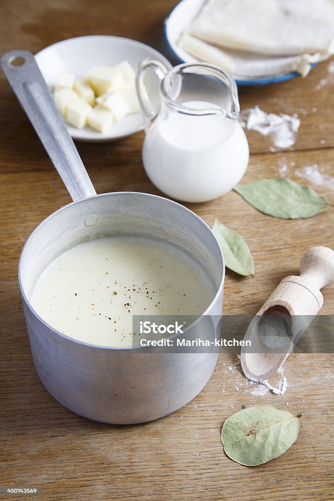 Bechamel sauce Bechamel sauce with ingredients Bechamel Sauce Stock Photo