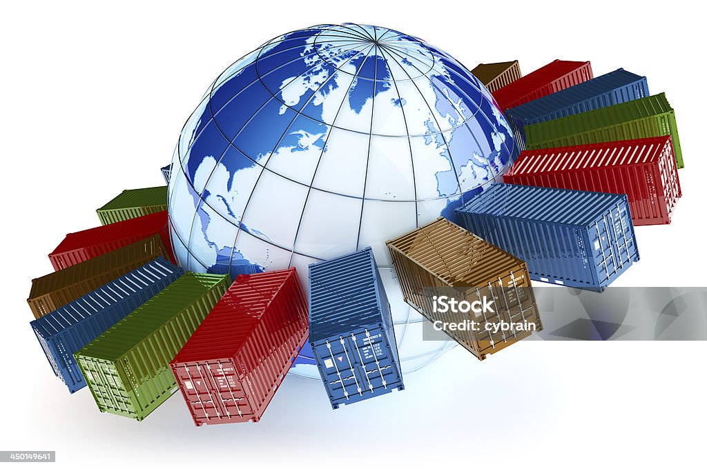 International container transportation icon Cargo containers around the globe isolated on white. Hi-res digitally generated image. Source of Globe texture: http://visibleearth.nasa.gov Globe - Navigational Equipment Stock Photo