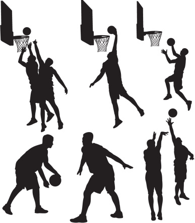 indoor team sport, basketball players in action, shoot a ball