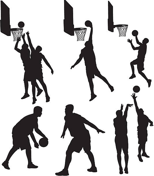 basketball players - silhouettes indoor team sport, basketball players in action, shoot a ball slam dunk stock illustrations