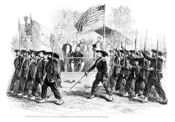 Vintage engraving showing Review of Federal Troops on the 4th of July by President Lincoln and General Scott, The Garibaldi Guard fiing passed. 1861