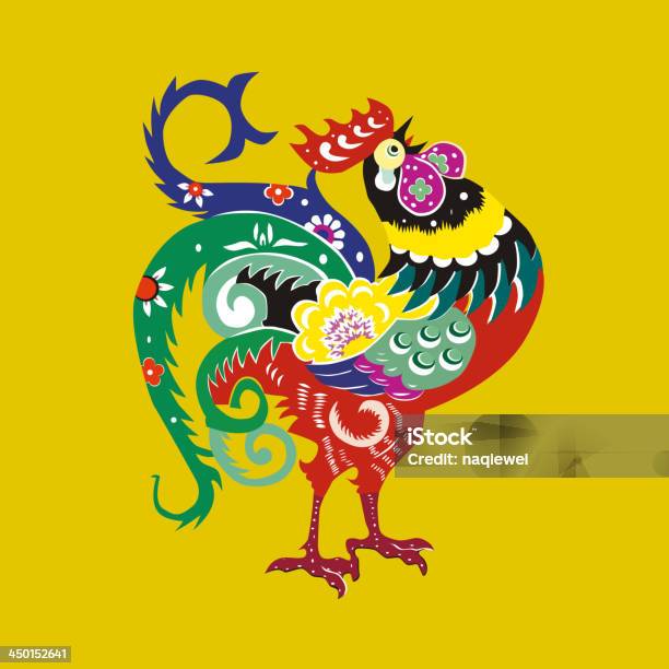 Chinese Cue Paper Style Cock Pattern Stock Illustration - Download Image Now - Paisley Pattern, Flower, Gold Colored