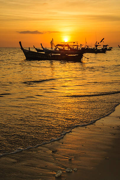 istock Silhouette boat at beach and sunset 450153211