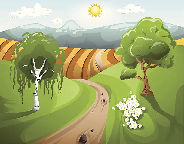 Vector illustration of Peaceful rural landscape in the summer