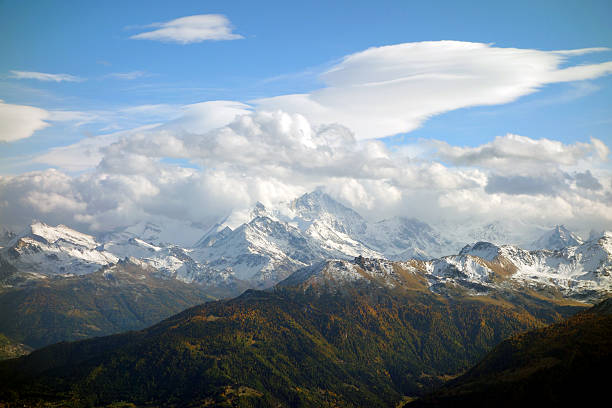 Fall's beauty: snowcapped mountain range in Switzerland. Shot from Anzère - you can see the Weisshorn, one of the 4000m mountains of the Pennine Alps