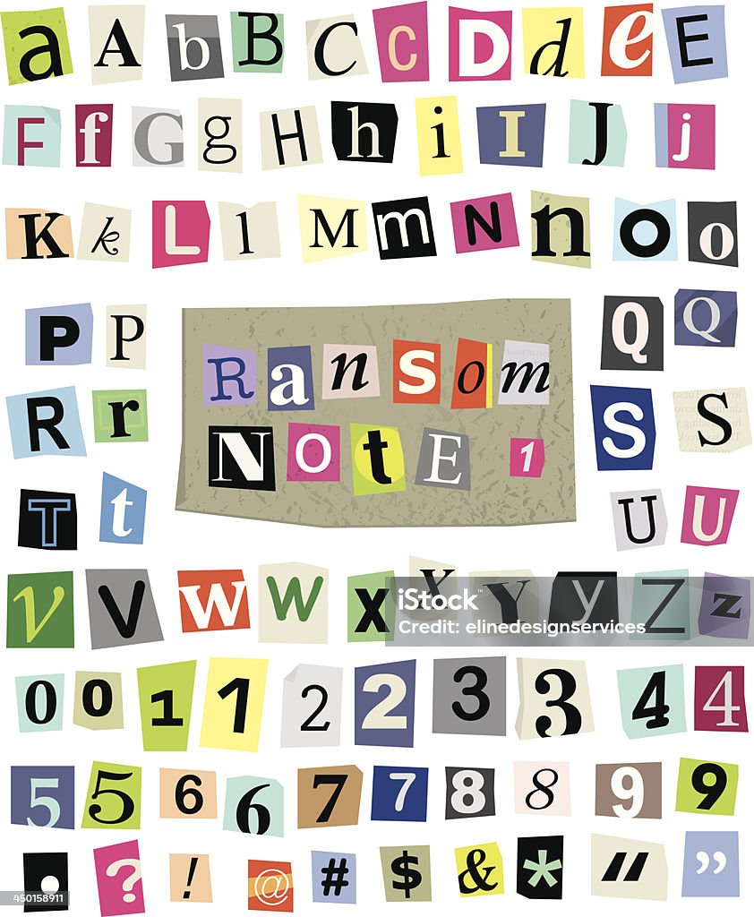 Vector Ransom Note #1- Cut Paper Letters, Numbers, Symbols Vector cut newspaper and magazine letters, numbers, and symbols. Mixed upper case and lower case and multiple options for each one. Perfect design elements for a ransom note, creative typography, and more. High resolution transparent .psd included. Letter - Document stock vector