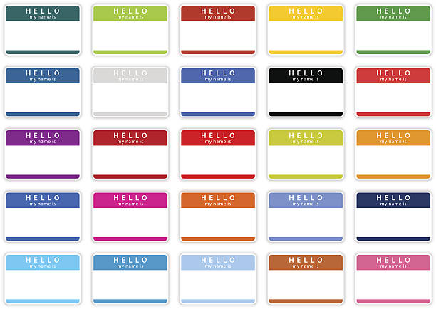 Empty nametag hello my name is sticker tag color label 25 color name tag HELLO my name is template label. Green, yellow, gray, cobalt, black, red, violet, orange, pink, blue, purple, brown blank stickers with drop gray shadow on white background.  identity stock illustrations