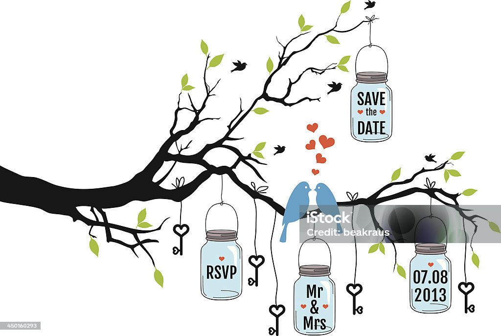 wedding invitation, birds on tree with jars, vector Save the date, wedding invitation with birds, jars and keys, vector Animal stock vector