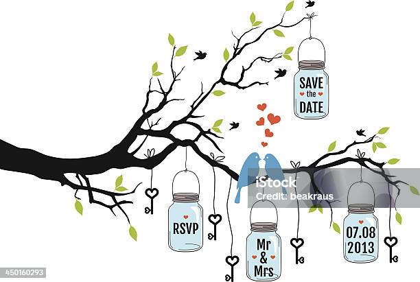 Wedding Invitation Birds On Tree With Jars Vector Stock Illustration - Download Image Now