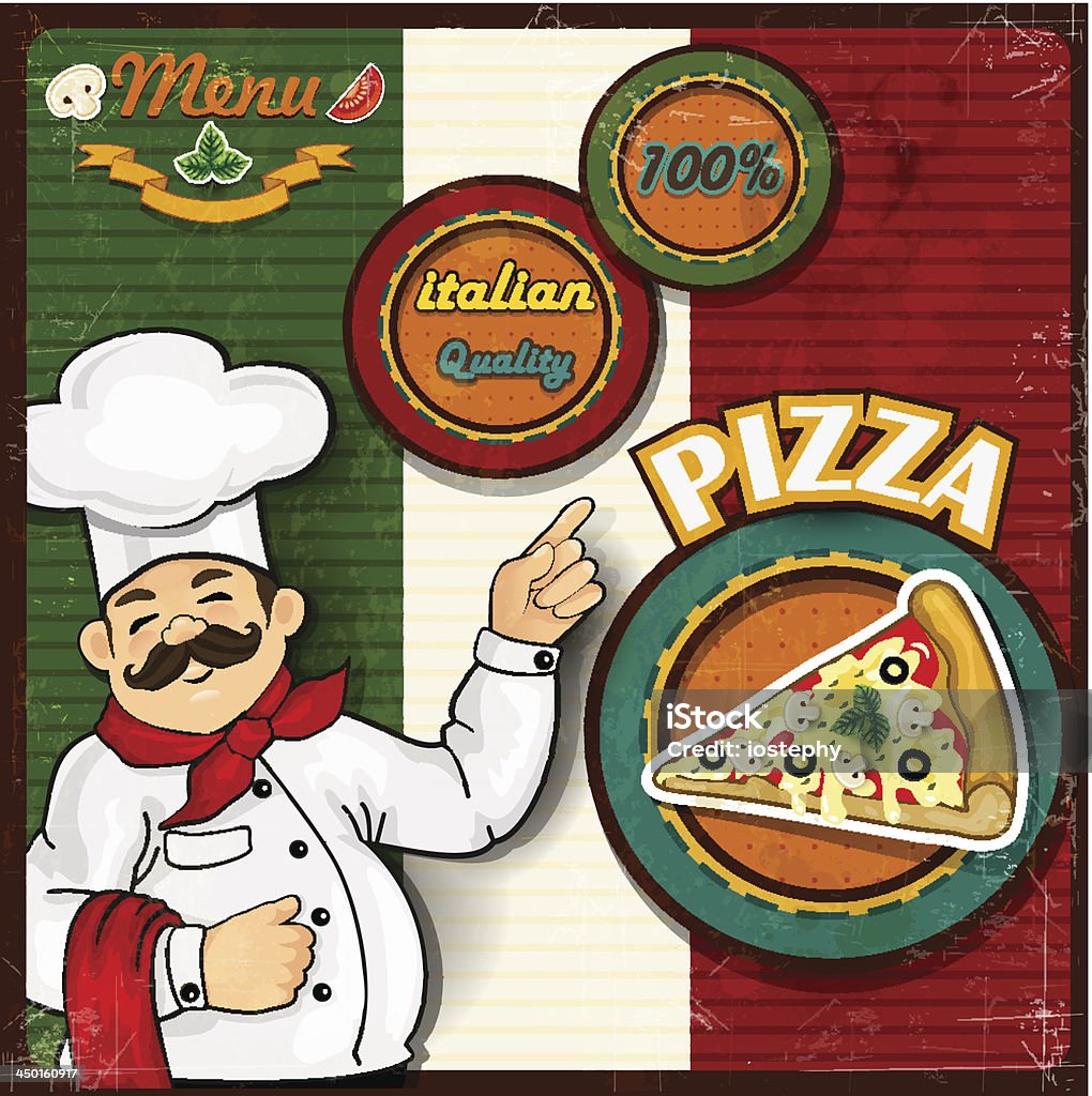 Chef pizza menu background Italian flag Italian chef  pizza  cartoon comic menu-transparency blending effects and gradient mesh EPS-10 Artichoke stock vector