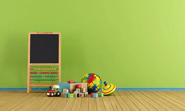 Play room with toys and blackboard with abacus - rendering
