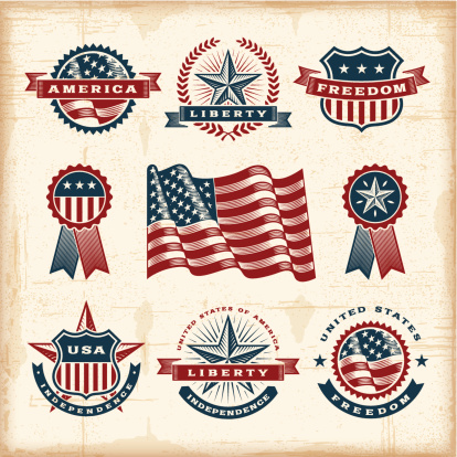 A set of fully editable vintage American labels and badges in woodcut style. EPS10 vector illustration. Includes high resolution JPG.