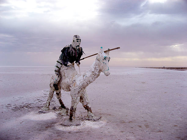 Built by a succession of passing motorists along the Chott El Jerid, and much like neighborhood snowmen of wintertime,  this salt sculpture has taken on the appearance of Don Quixote.  The Chott El Jerid is the largest salt pan in the Sahara Desert.