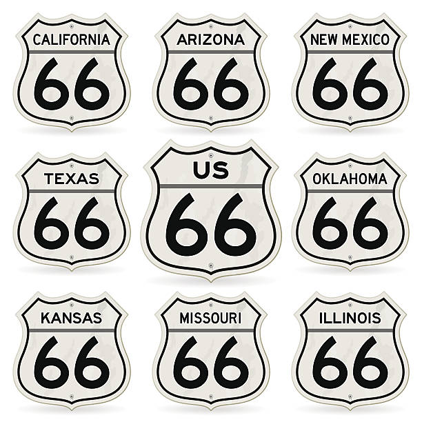 полный маршрут 66 признаки collection - route 66 thoroughfare sign number 66 stock illustrations
