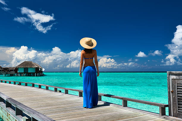 istock Woman on a beach jetty at Maldives 450182301