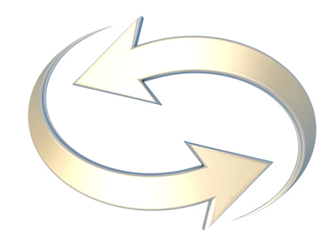 Couple of yellow curved arrows pointing in opposite directions,referring to concepts such as synchronization, connection, process, calculation, renewal or refresh, interdependency, or reciprocity