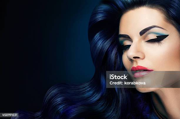 Beautiful Woman With Long Hair Stock Photo - Download Image Now - Blue Hair, Dark Blue, Navy Blue