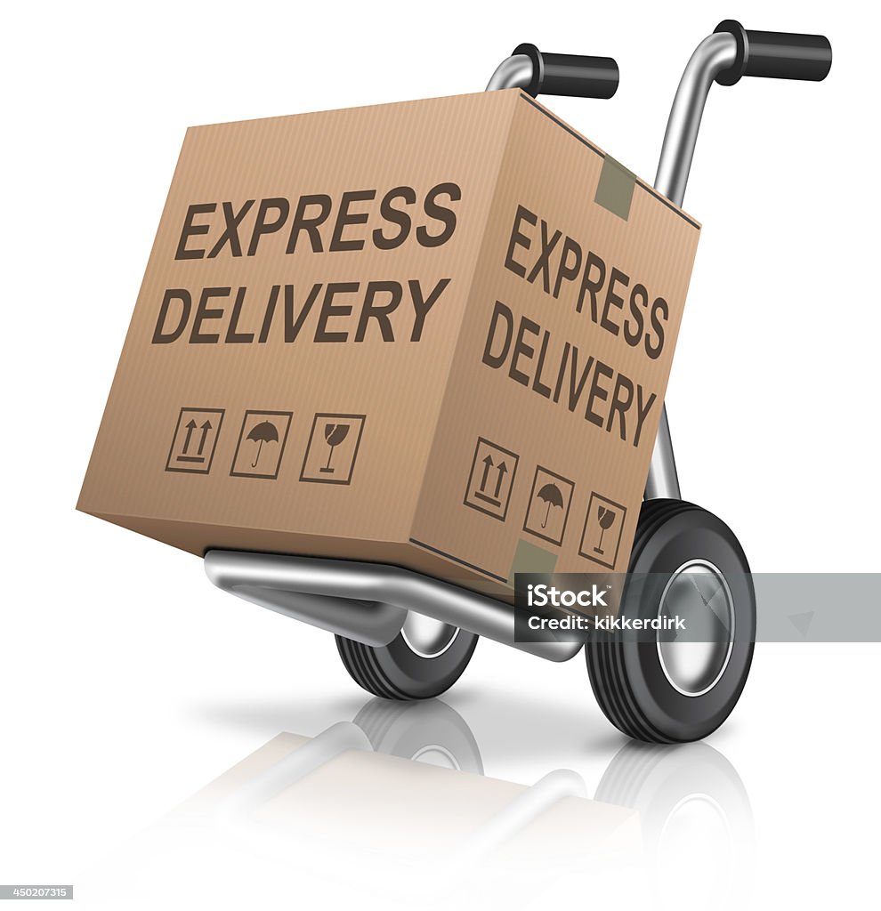 express delivery cardboard box express delivery cardboard box on hand truck with text concept for order shipping of online webshop package sending for web shop commerce Cardboard Box Stock Photo