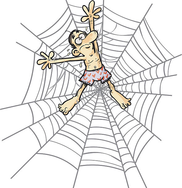 stockillustraties, clipart, cartoons en iconen met cartoon man in spider web. - spider man