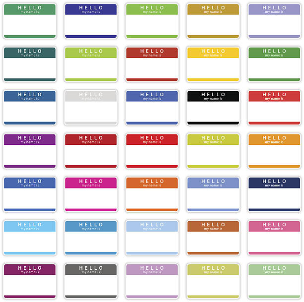Blank nametag hello my name is sticker tag color label 35 color name tag HELLO my name is template label. Green, yellow, gray, cobalt, black, red, violet, orange, pink, blue, purple, brown blank stickers with drop gray shadow on white background.  black family reunion stock illustrations