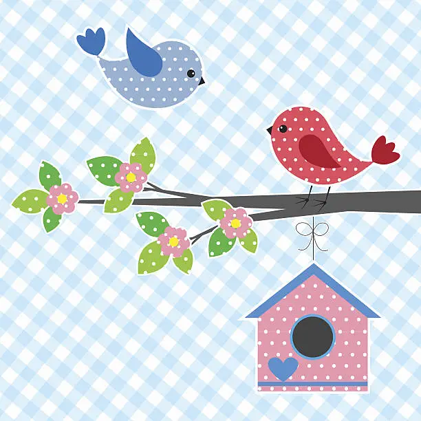 Vector illustration of Couple of birds and birdhouse