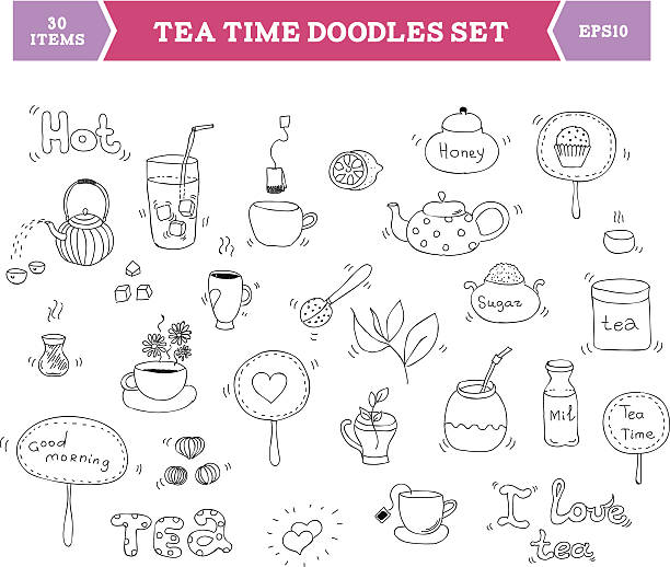 Tea doodle vector elements Hand drawn vector illustration of tea doodles sketch elements. Isolated on white background mate flower stock illustrations