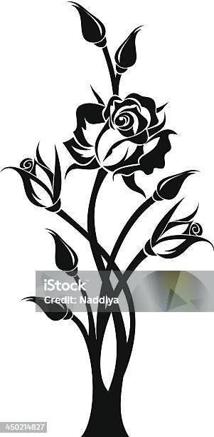 Black Silhouette Of Branch With Rose And Buds Vector Illustration Stock Illustration - Download Image Now