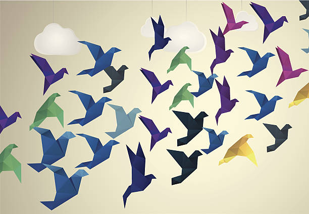 Origami Birds flying and fake clouds vector art illustration