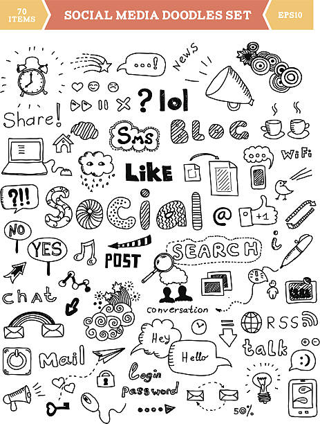 illustrazioni stock, clip art, cartoni animati e icone di tendenza di media sociali doodle set di elementi - infographic vector sharing arrow sign