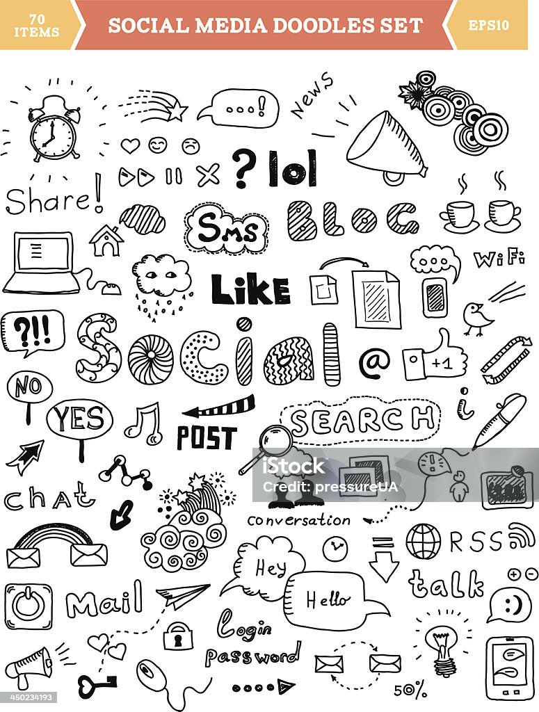 Social media doodle elements set Hand drawn vector illustration of social media doodles elements. Isolated on white background. Doodle stock vector