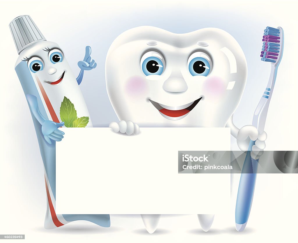 Funny tooth, paste and brush with blank Funny tooth, tooth paste and tooth brush with blank. Contains transparent objects. EPS10. Blue stock vector