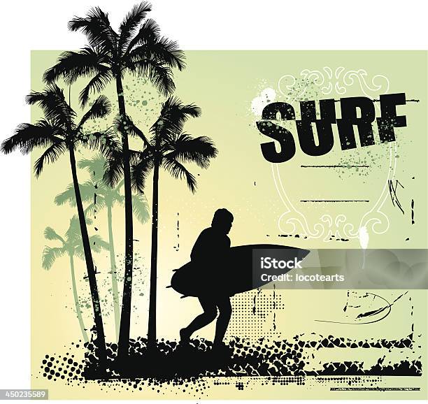 Surf Coast With Surfer Running And Grunge Background Stock Illustration - Download Image Now