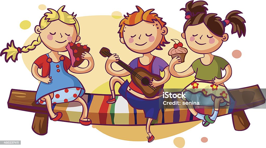 kids party Romantic kids party vector illustration. Small boy playing guitar and two sweet girls eating cakes Baby - Human Age stock vector