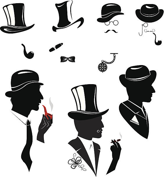 Men silhouettes smoking cigar and pipe in vintage style Men silhouettes smoking cigar and pipe in vintage style isolated on white background man cigar stock illustrations