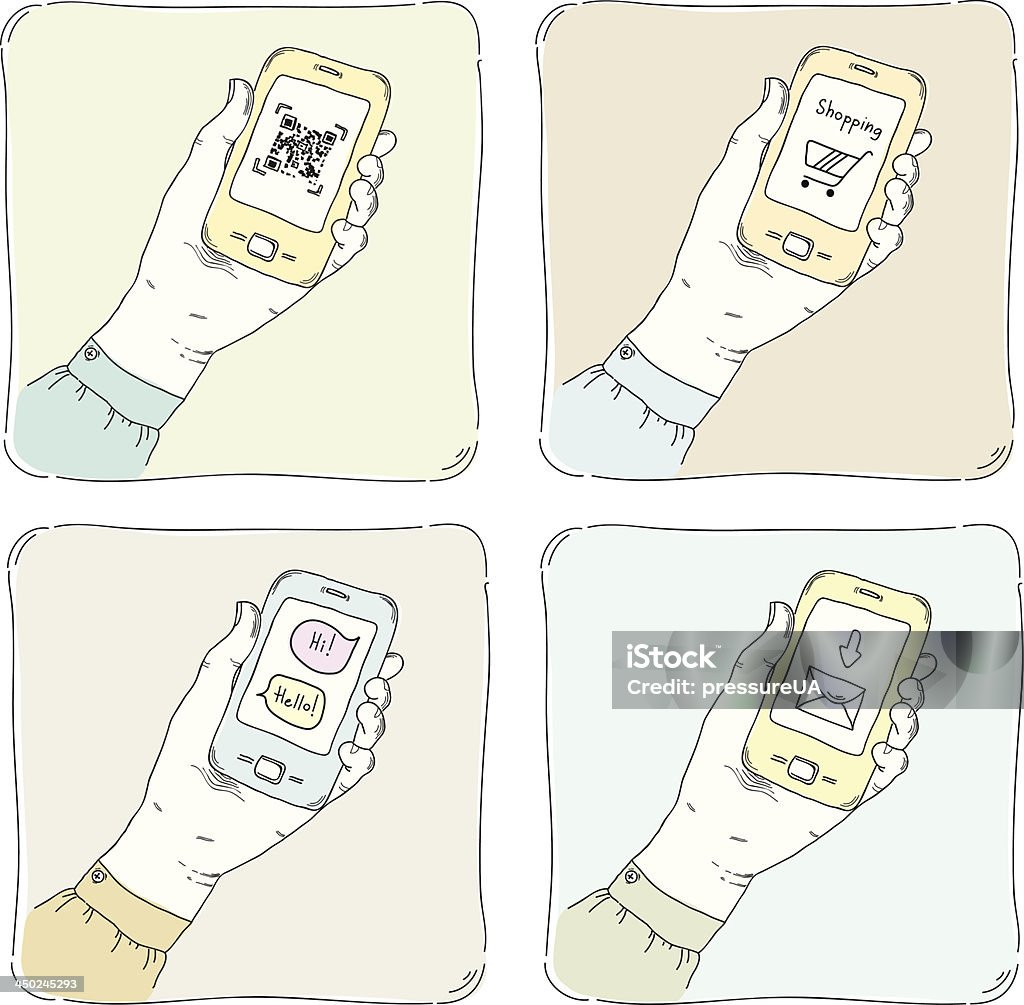 Using smartphone illustration set Drawn vector illustrations of using smartphone in typical situation - QR code scanning, internet shopping, sending messages and mail communication. Isolated on white. Bar Code stock vector