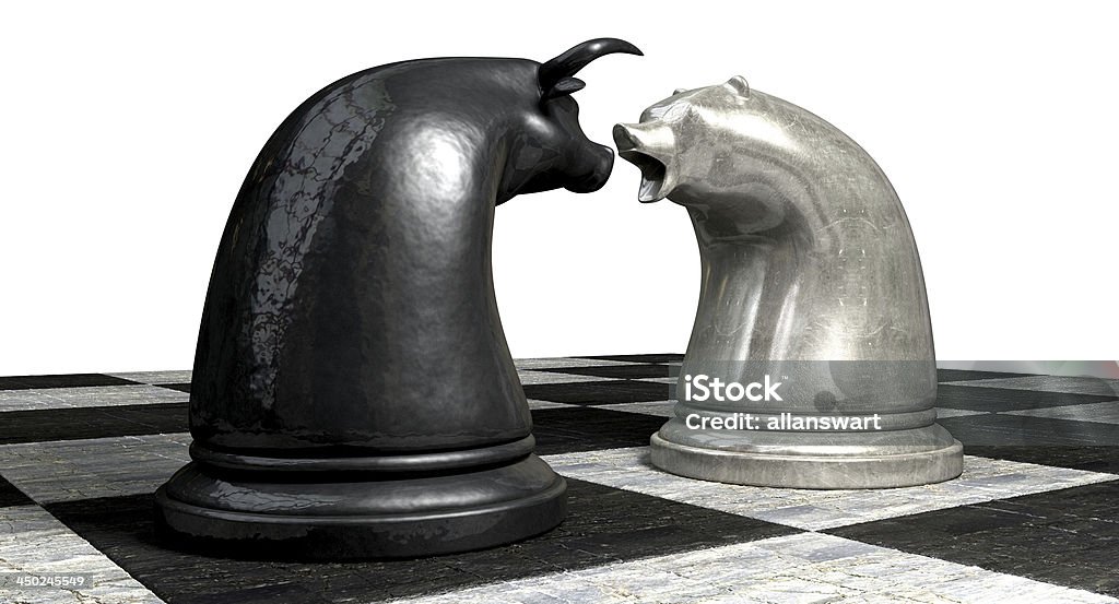 Bull And Bear Market Trend Chess Pieces Two contrasting metal chess pieces depicting a stylized bull and a bear opposing each other representing financial market trends on stone chess board background Bear Market Stock Photo